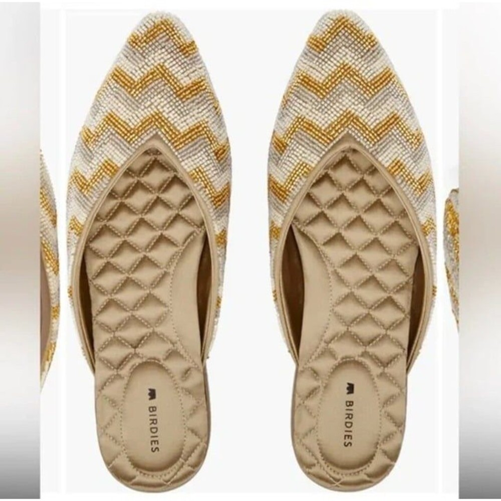 Birdies Quilted-Bead Chevron Mules in Gold and Cream